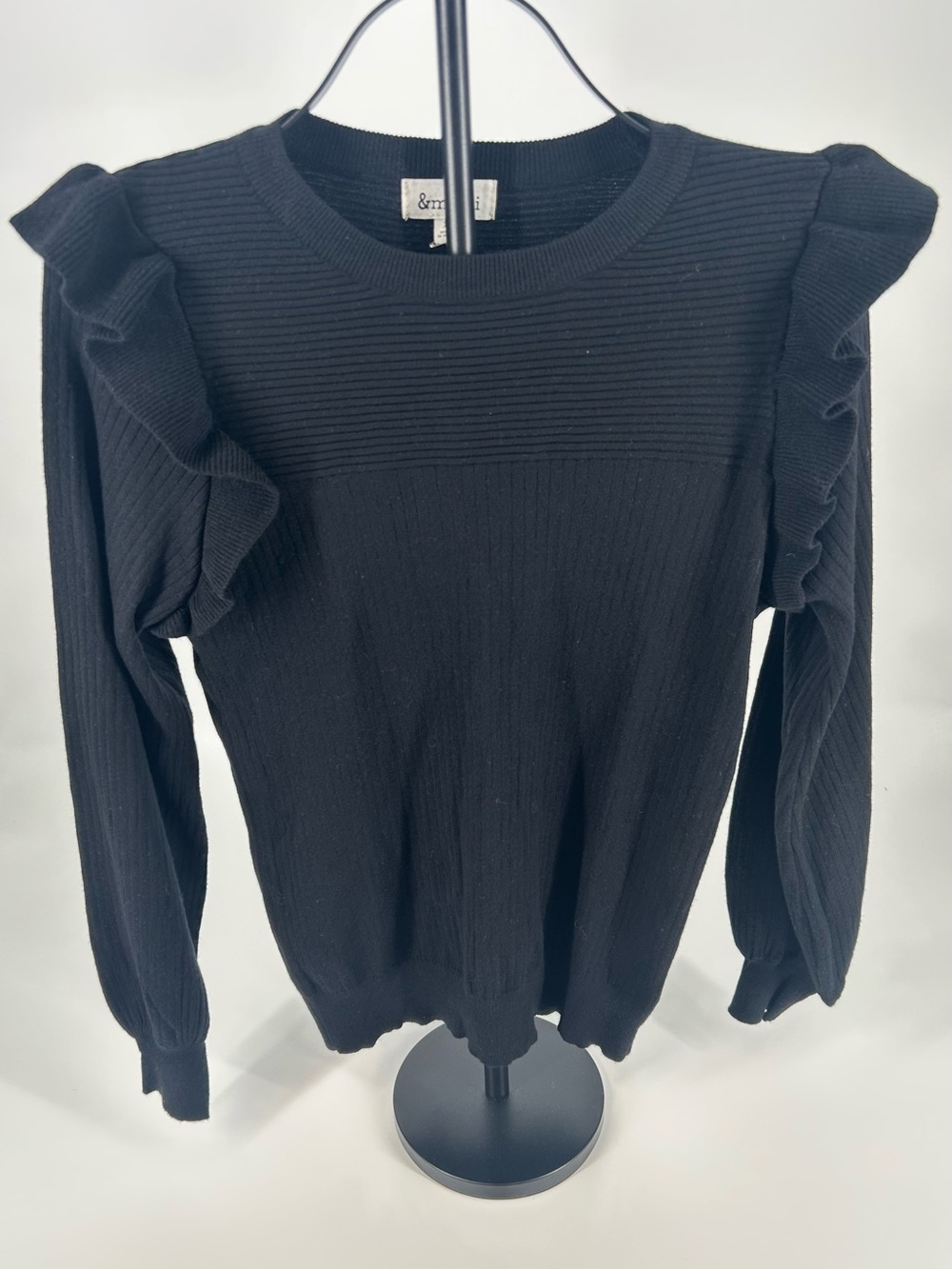 &merci Black Ruffle-Shoulder Ribbed Crew Sweater